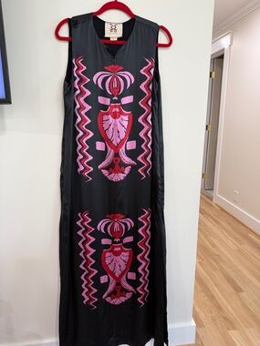 FIGUE 100% Silk  Black Maxi Dress with Pink & Red Graphic Print
